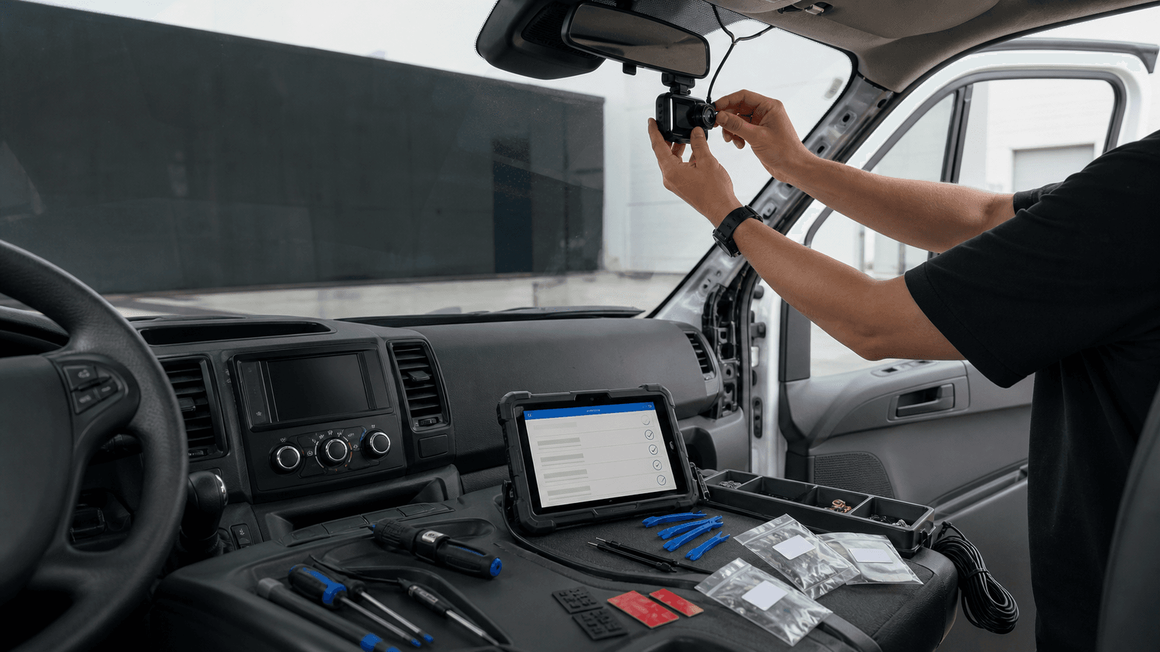 Dashcam installation inside a commercial vehicle with installer hands, mounted camera, routed cable, tablet checklist, and organized tools