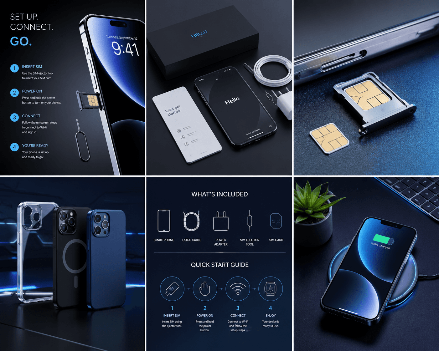 Quick start guide collage showing setup, connection, included smartphone kit contents, SIM insertion, accessories, and charging