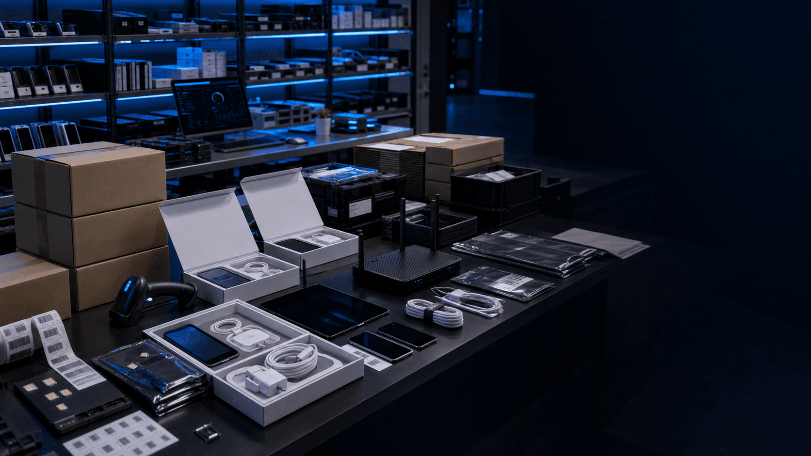 Wireless kitting and shipping station with boxes, device kits, labels, cables, SIM cards, and staged hardware