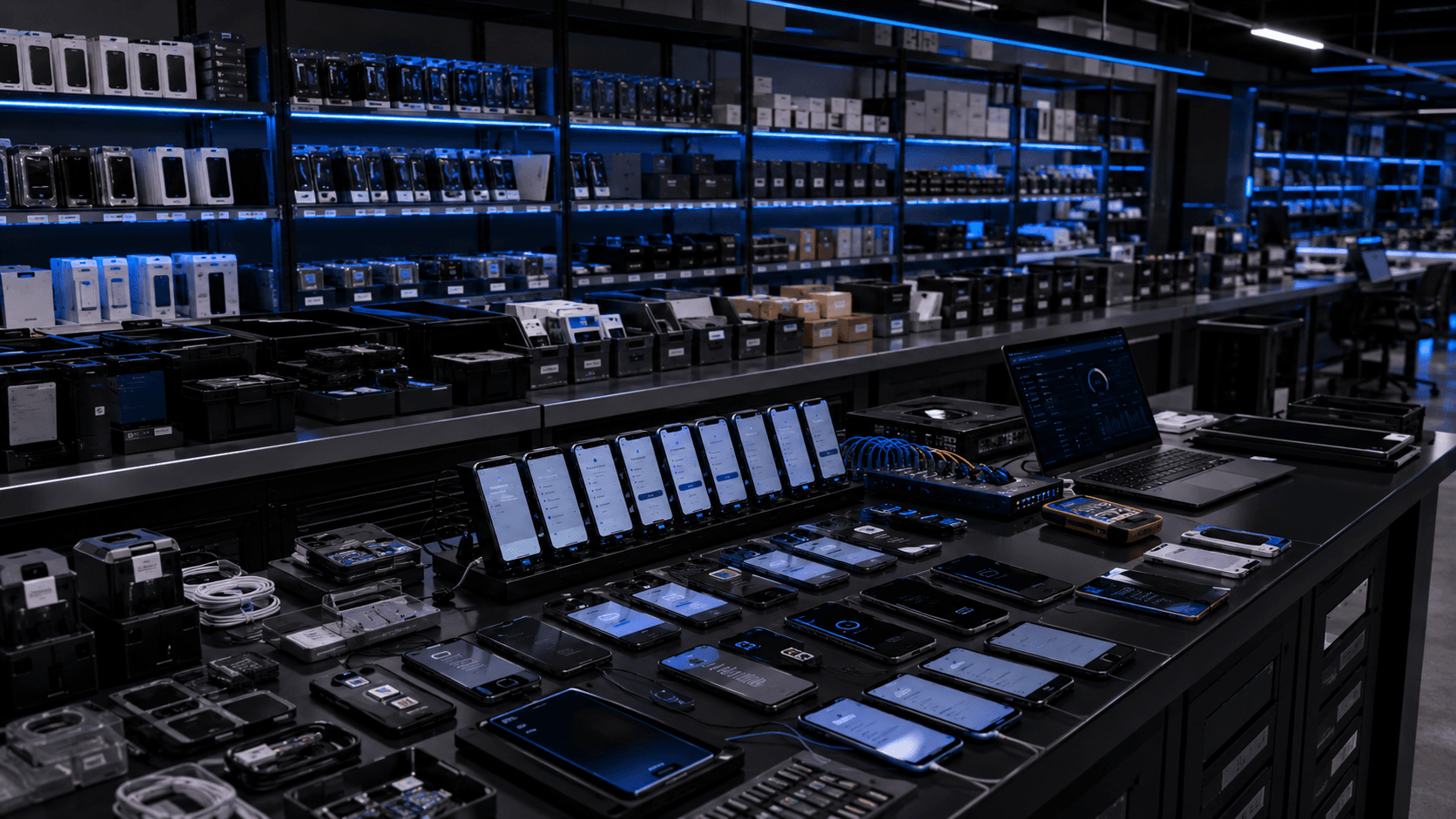 Wireless staging bench with inventory shelves, setup phones, SIM accessories, testing tools, and deployment hardware